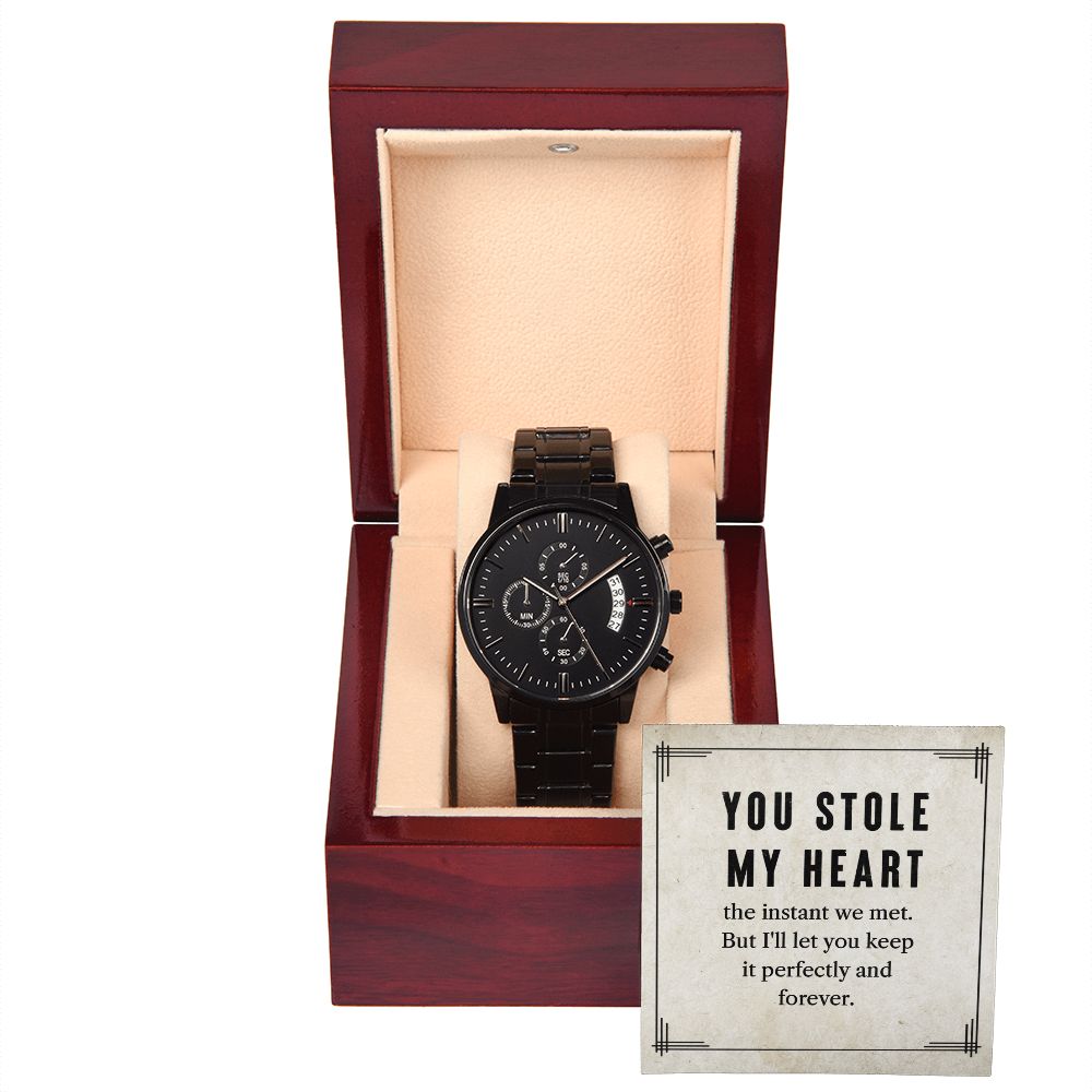 To My Man You Stole My Heart Black Chronograph Watch With Message Card in Mahogany Box-Express Your Love Gifts