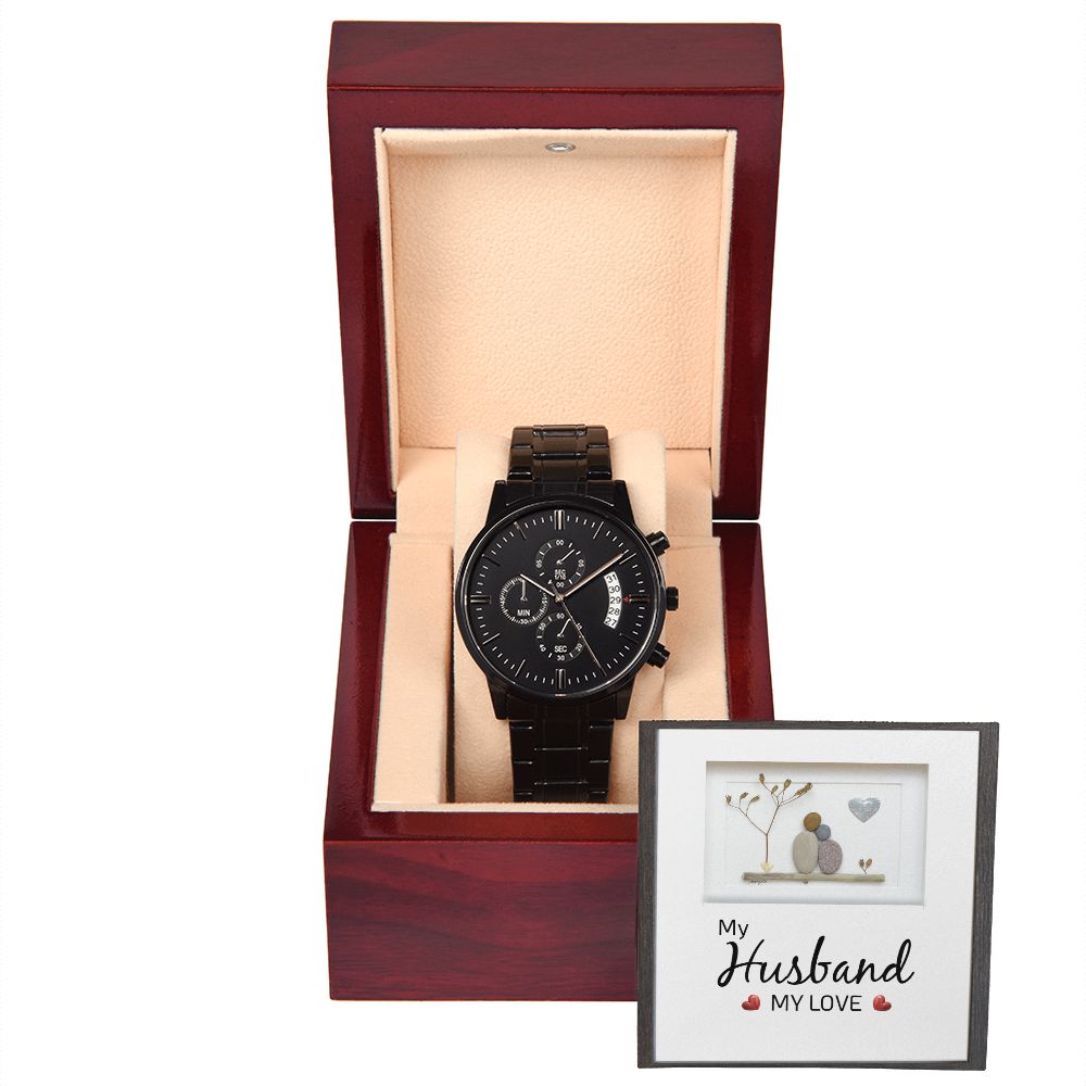 To My Husband My Love Black Chronograph Watch With Message Card in Mahogany Box-Express Your Love Gifts