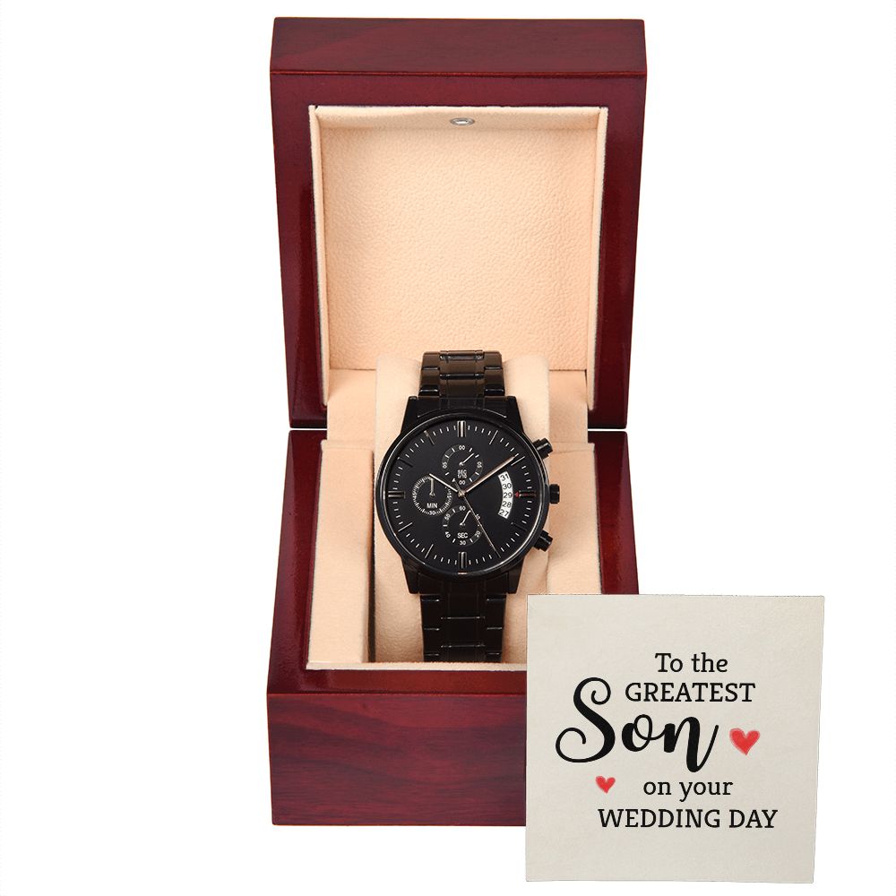 To My Son To the Greatest Son Black Chronograph Watch With Message Card in Mahogany Box-Express Your Love Gifts