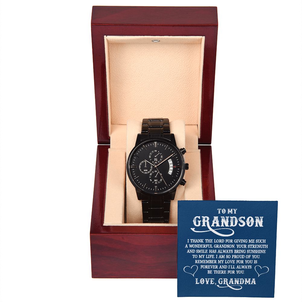 To My GrandSon I Thank The Lord For Giving Me You Black Chronograph Watch With Message Card in Mahogany Box-Express Your Love Gifts