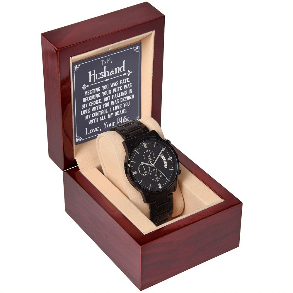 To My Husband Meeting You Was Fate Black Chronograph Watch With Message Card in Mahogany Box-Express Your Love Gifts