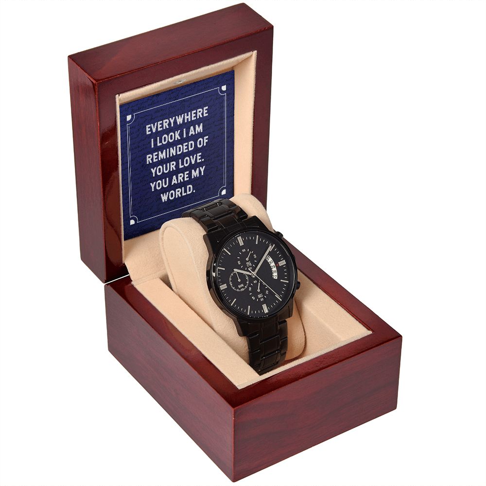 Everywhere I Look Black Chronograph Watch With Message Card in Mahogany Box-Express Your Love Gifts