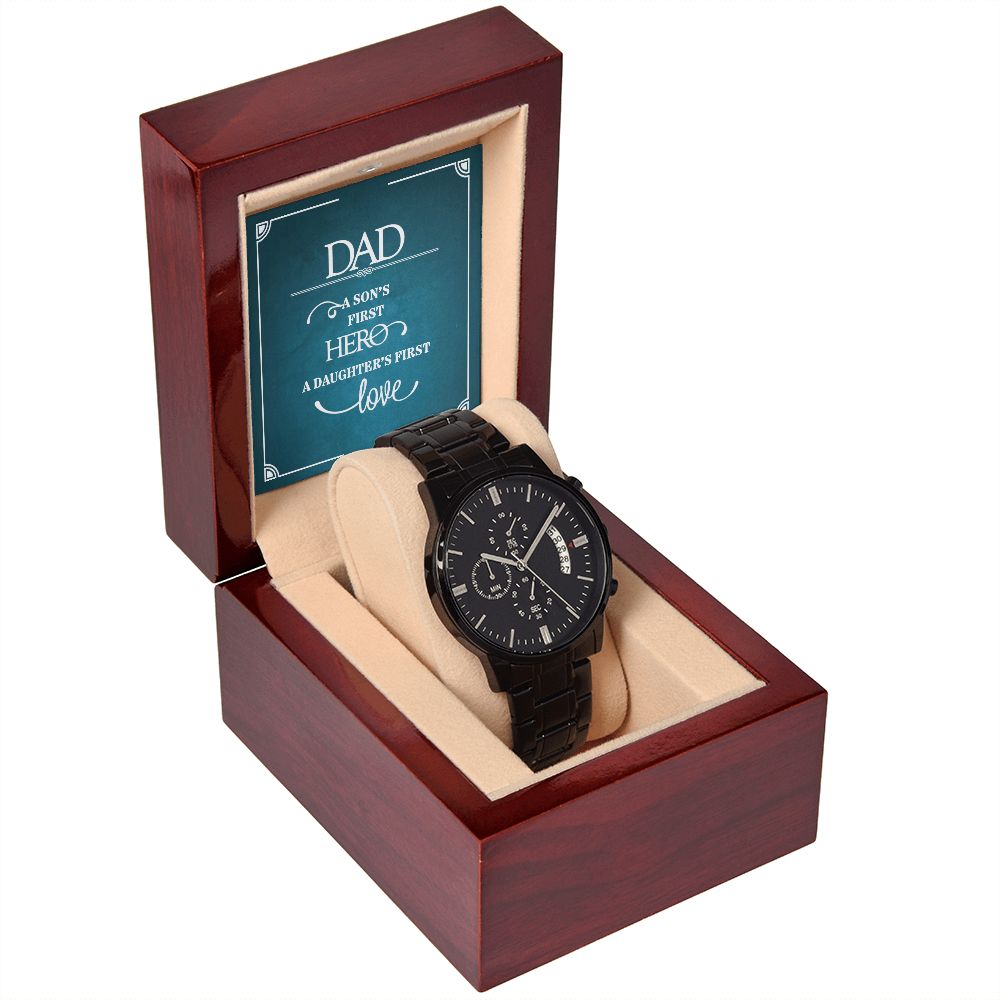 To My Dad a Sons First Hero Black Chronograph Watch With Message Card in Mahogany Box-Express Your Love Gifts