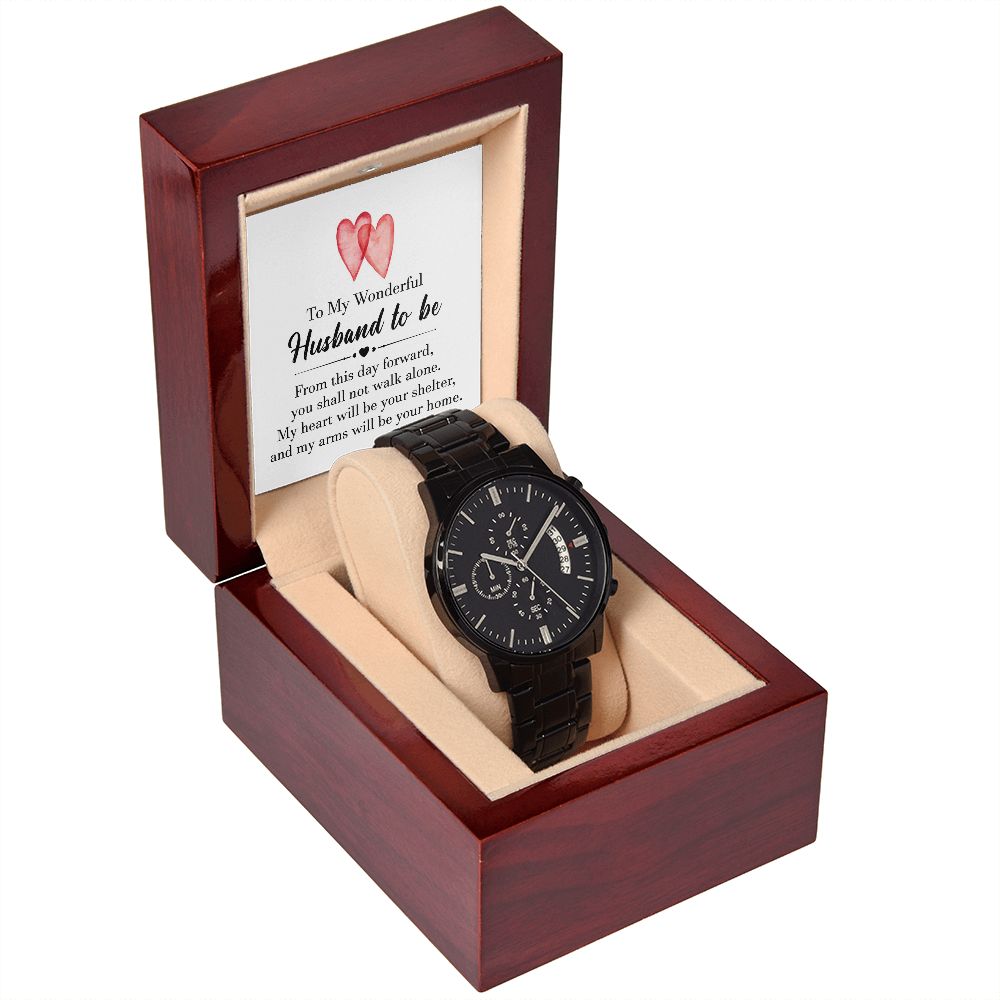 To My Husband To Be Black Chronograph Watch With Message Card in Mahogany Box-Express Your Love Gifts