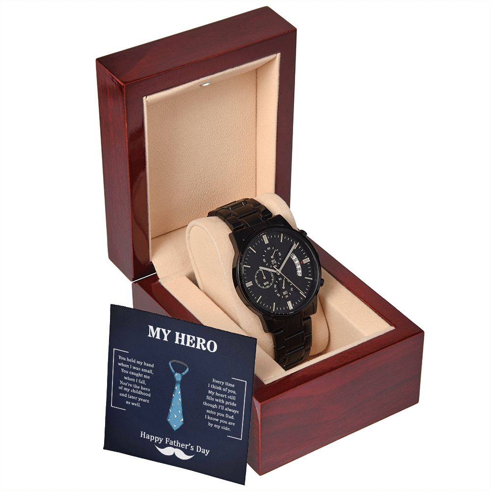 To My Dad My Hero Black Chronograph Watch With Message Card in Mahogany Box-Express Your Love Gifts
