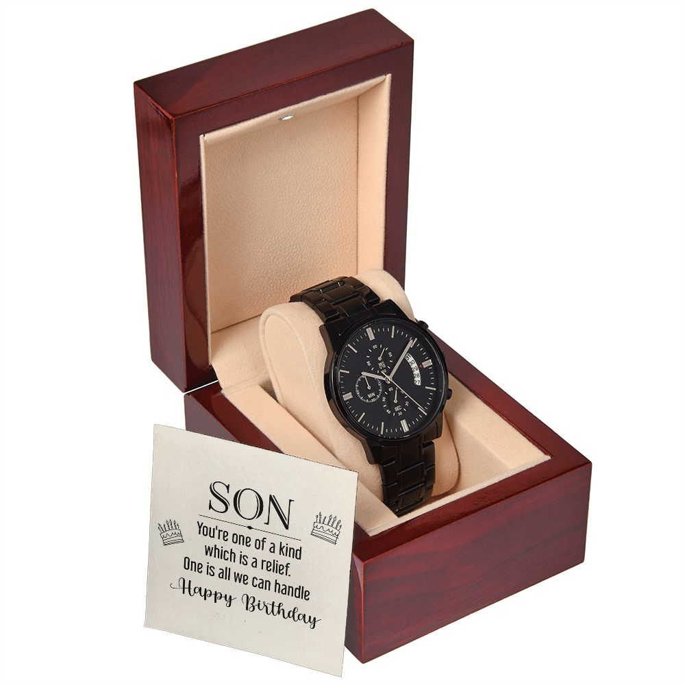To My Son You're One of a Kind Black Chronograph Watch With Message Card in Mahogany Box-Express Your Love Gifts