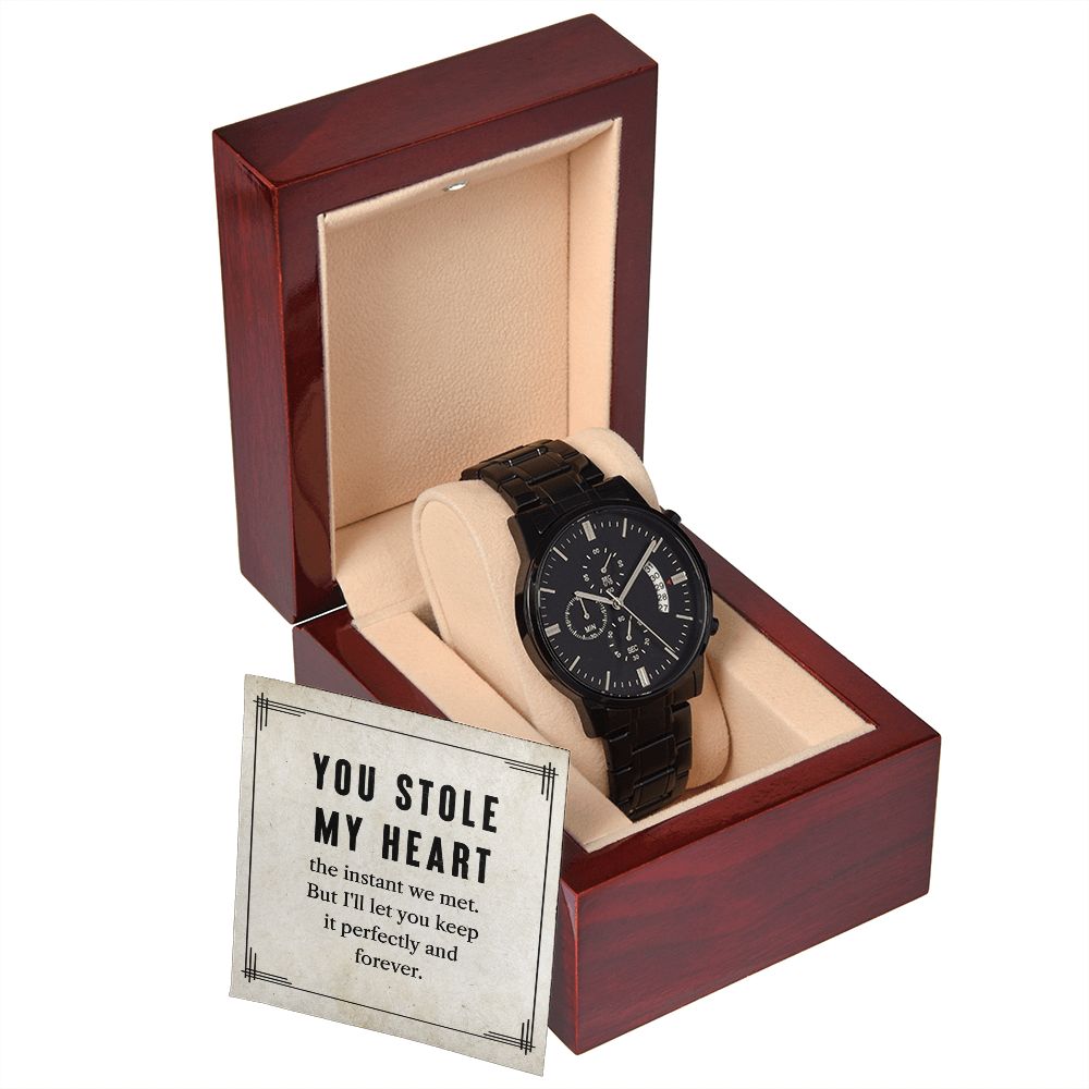 To My Man You Stole My Heart Black Chronograph Watch With Message Card in Mahogany Box-Express Your Love Gifts