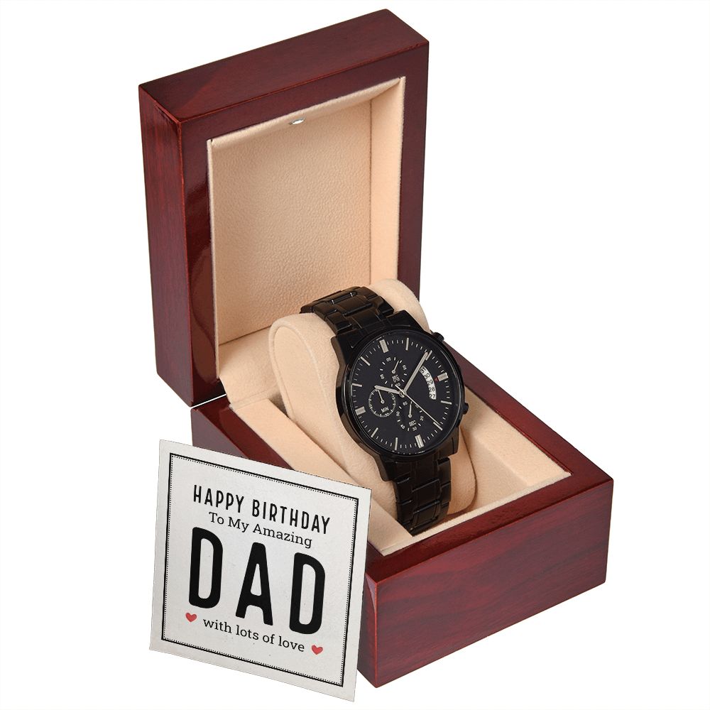 To My Dad Happy Birthday My Amazing Dad Black Chronograph Watch With Message Card in Mahogany Box-Express Your Love Gifts