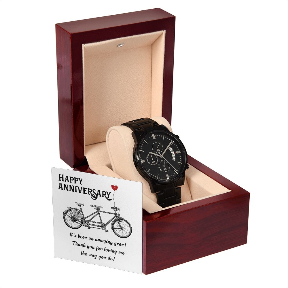 Happy Anniversary It's Been an Amazing Years Black Chronograph Watch With Message Card in Mahogany Box-Express Your Love Gifts