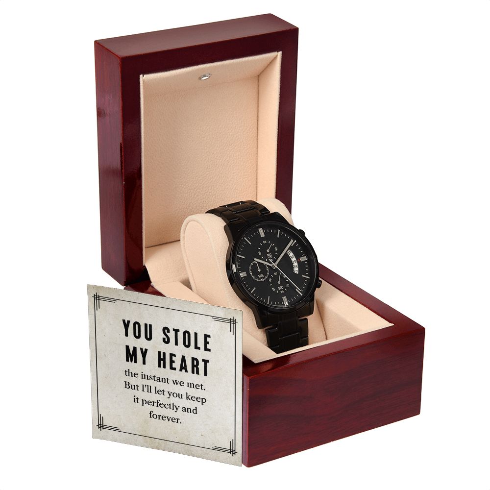 To My Man You Stole My Heart Black Chronograph Watch With Message Card in Mahogany Box-Express Your Love Gifts