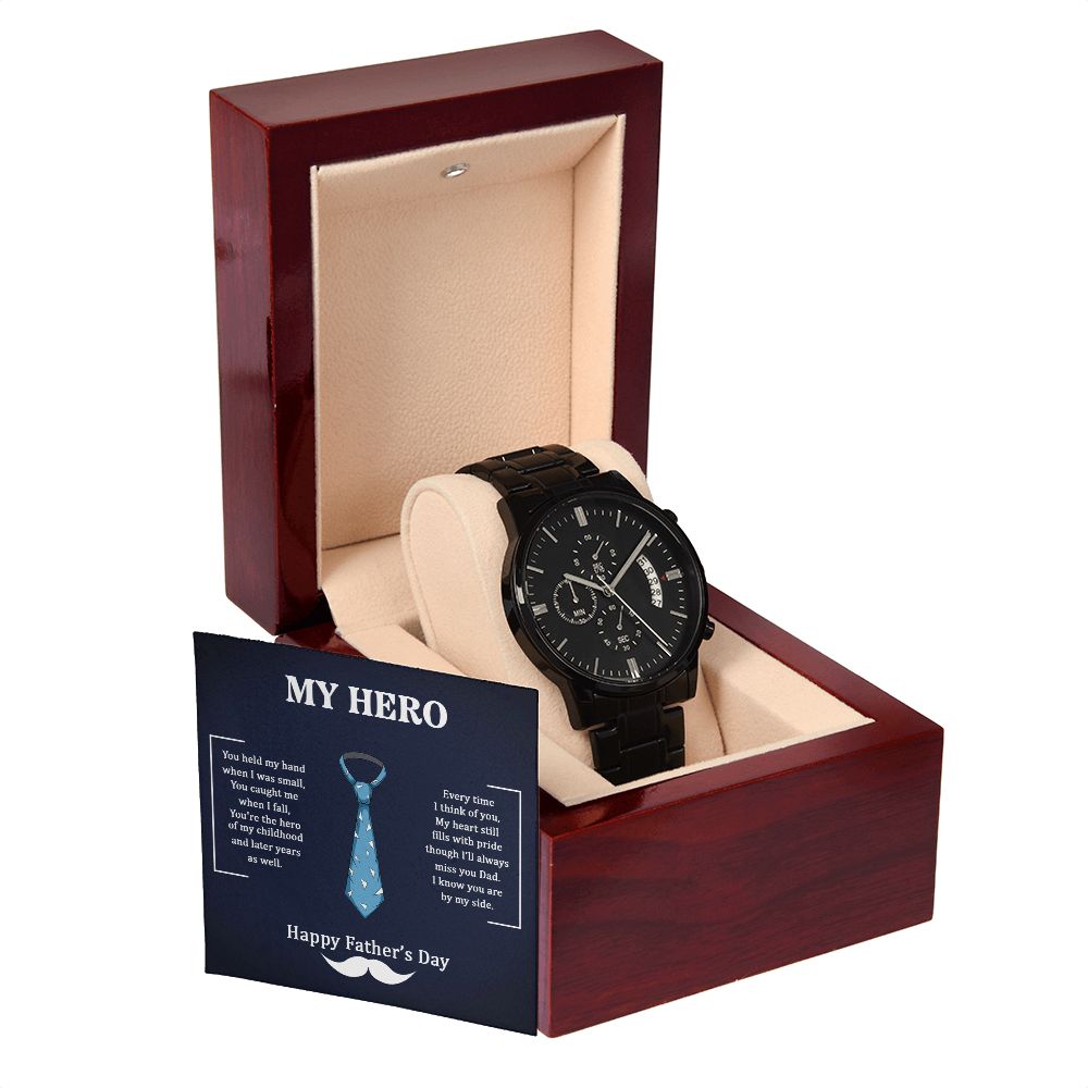 To My Dad My Hero Black Chronograph Watch With Message Card in Mahogany Box-Express Your Love Gifts