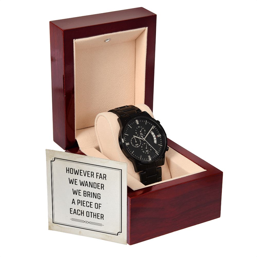 However Far We Wander Black Chronograph Watch With Message Card in Mahogany Box-Express Your Love Gifts