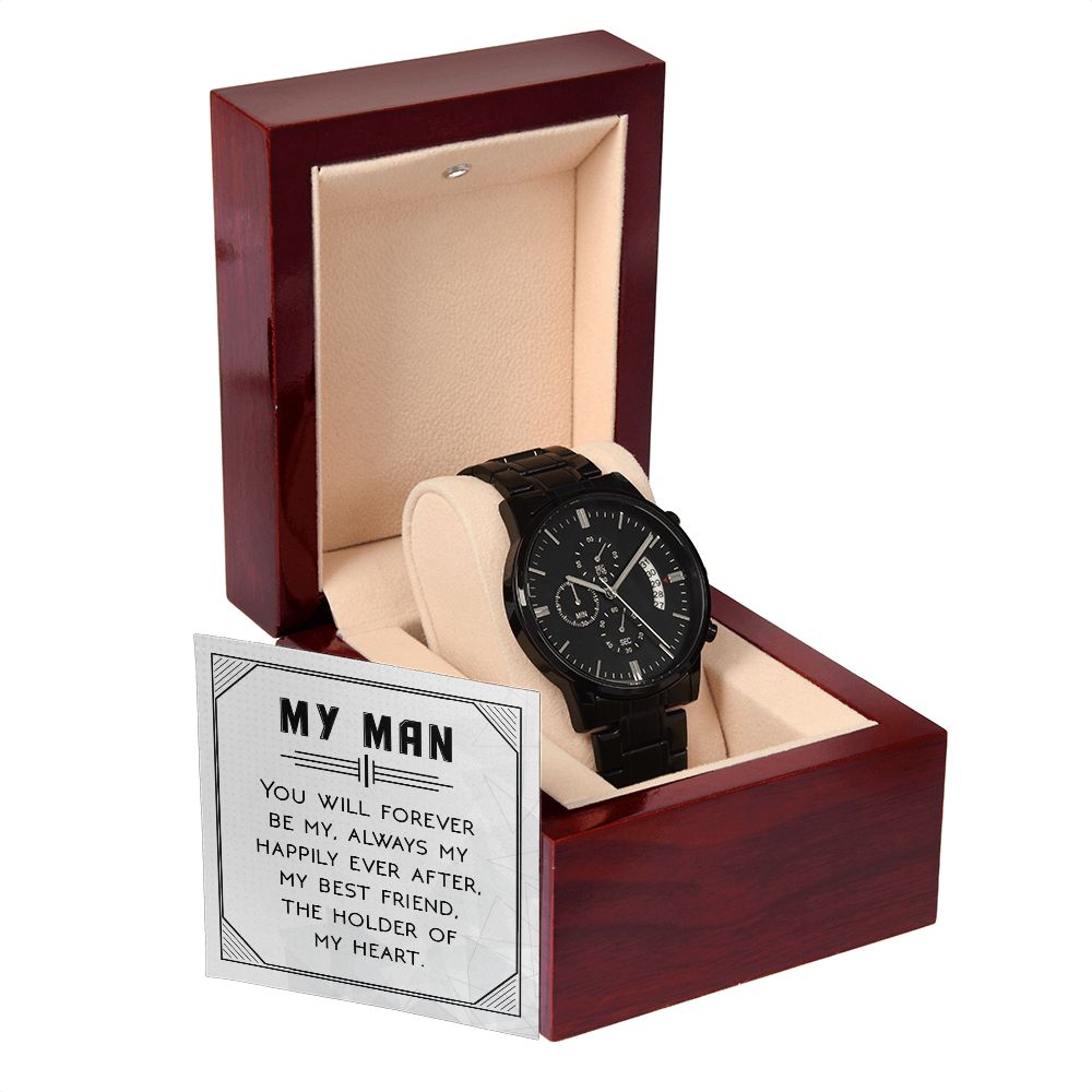 You Will Forever Be My Always Black Chronograph Watch With Message Card in Mahogany Box-Express Your Love Gifts