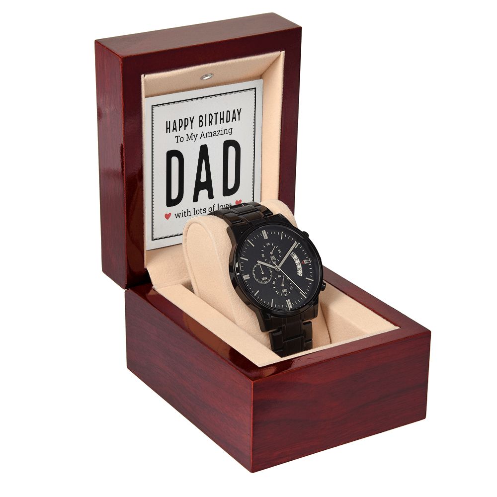 To My Dad Happy Birthday My Amazing Dad Black Chronograph Watch With Message Card in Mahogany Box-Express Your Love Gifts