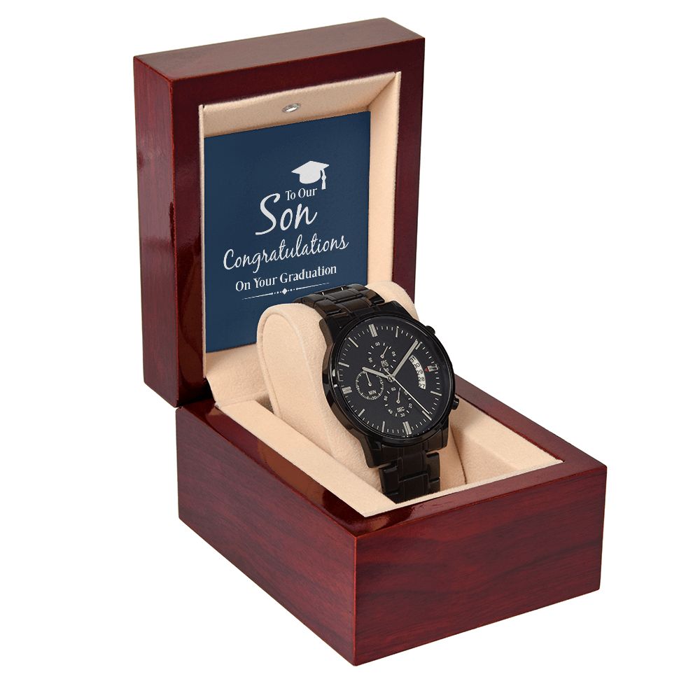 To Our Son Congratulations on Your Graduation Black Chronograph Watch With Message Card in Mahogany Box-Express Your Love Gifts