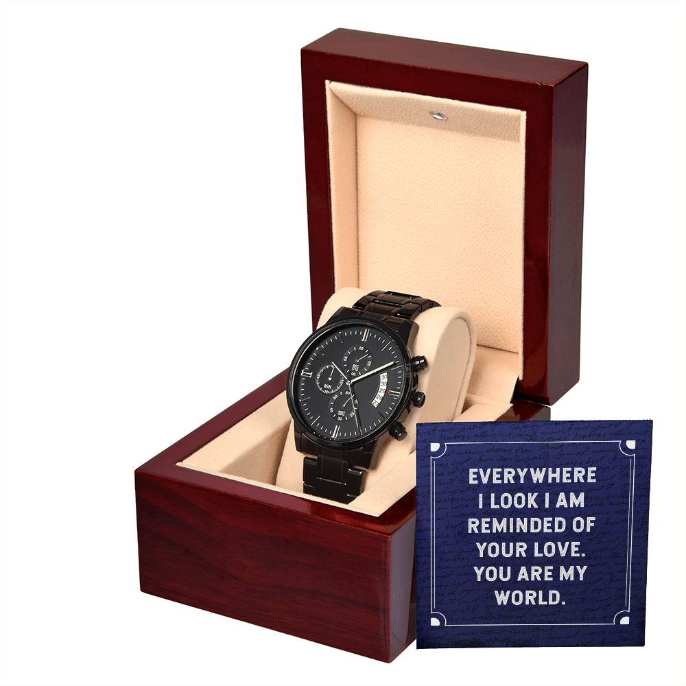 Everywhere I Look Black Chronograph Watch With Message Card in Mahogany Box-Express Your Love Gifts