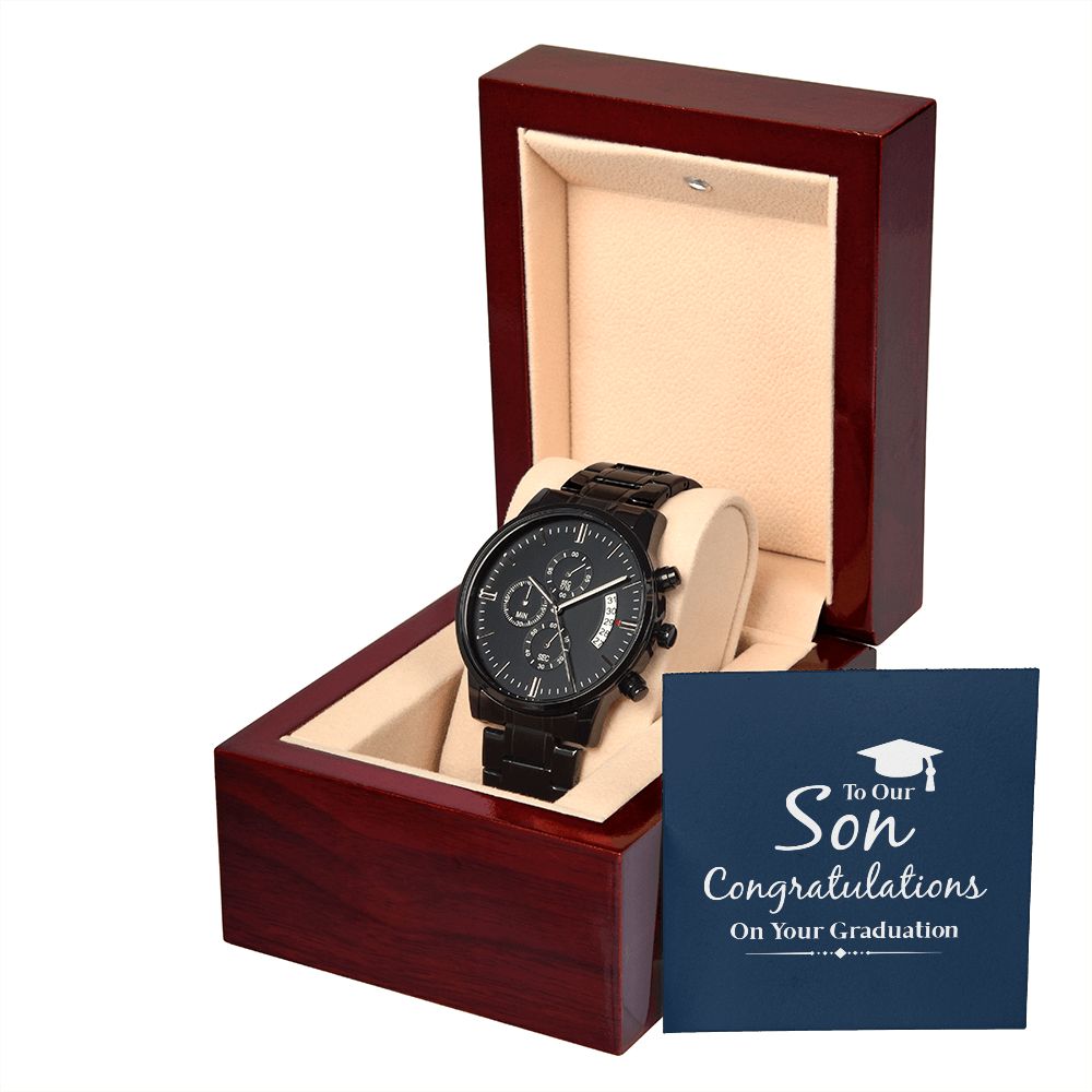 To Our Son Congratulations on Your Graduation Black Chronograph Watch With Message Card in Mahogany Box-Express Your Love Gifts