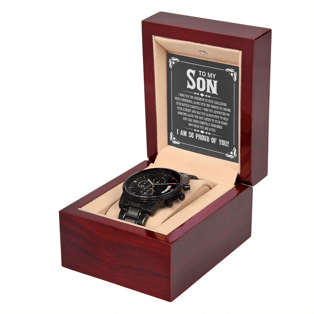 To My Son I Wish You the Strength to Face Challenges Black Chronograph Watch With Message Card in Mahogany Box-Express Your Love Gifts