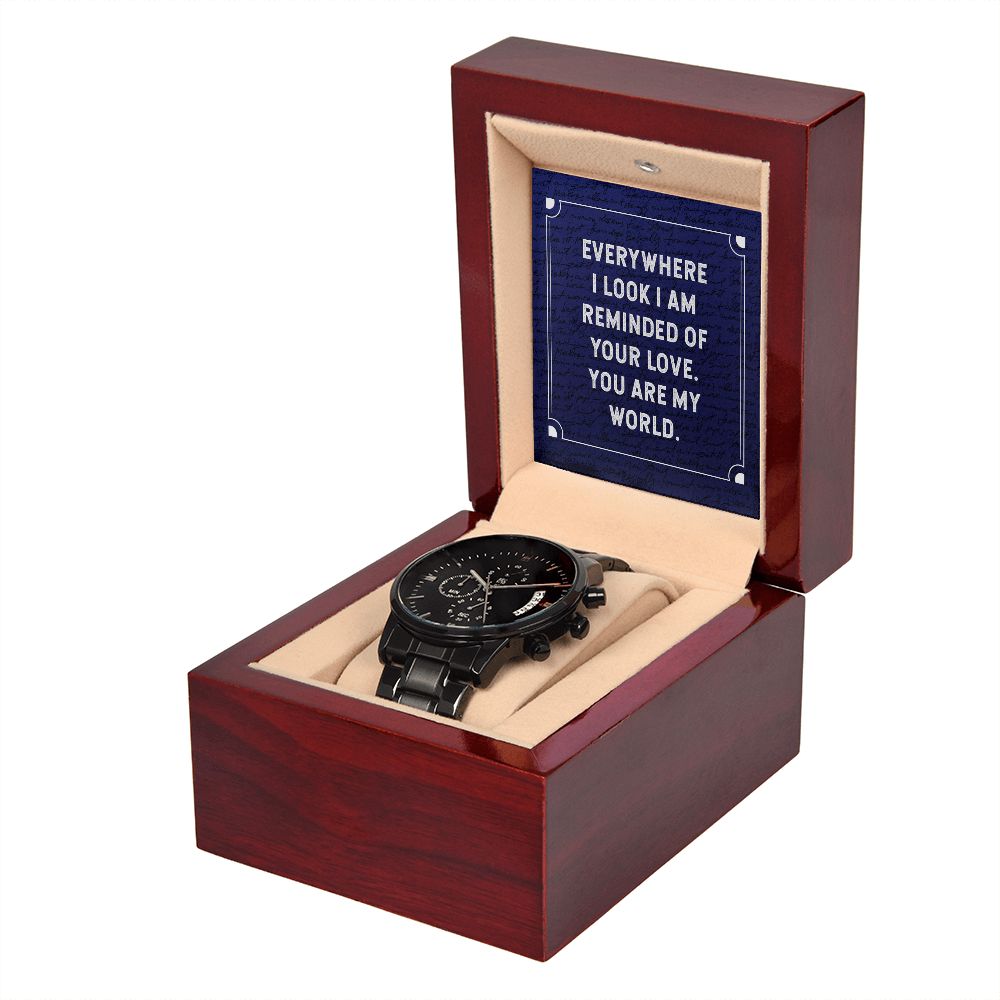 Everywhere I Look Black Chronograph Watch With Message Card in Mahogany Box-Express Your Love Gifts