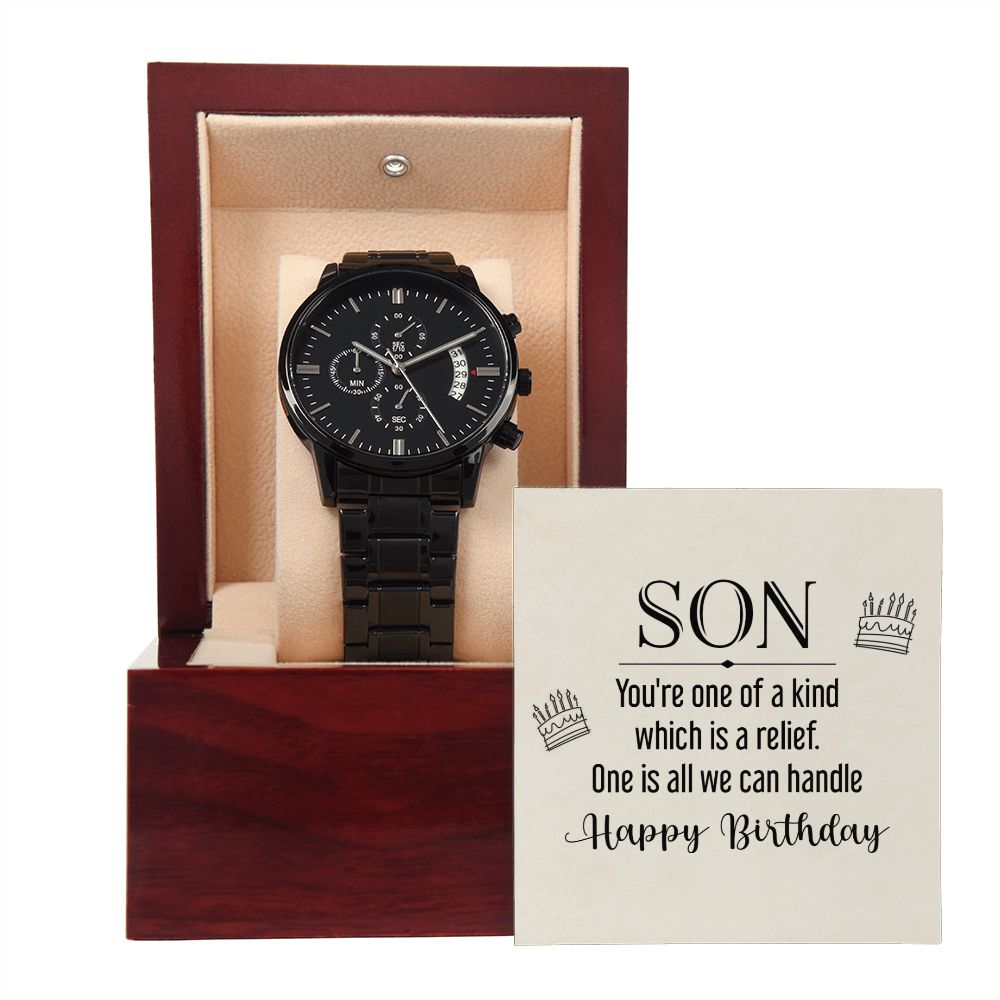 To My Son You're One of a Kind Black Chronograph Watch With Message Card in Mahogany Box-Express Your Love Gifts