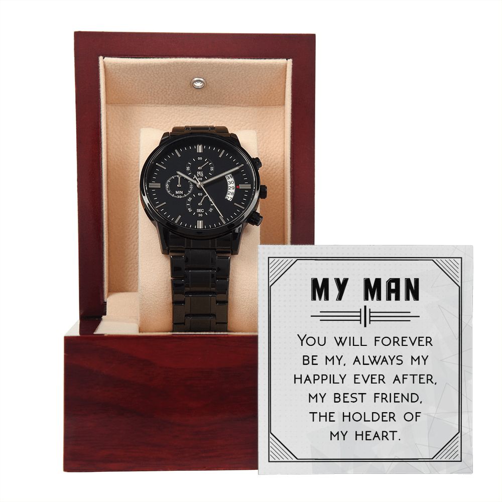 You Will Forever Be My Always Black Chronograph Watch With Message Card in Mahogany Box-Express Your Love Gifts