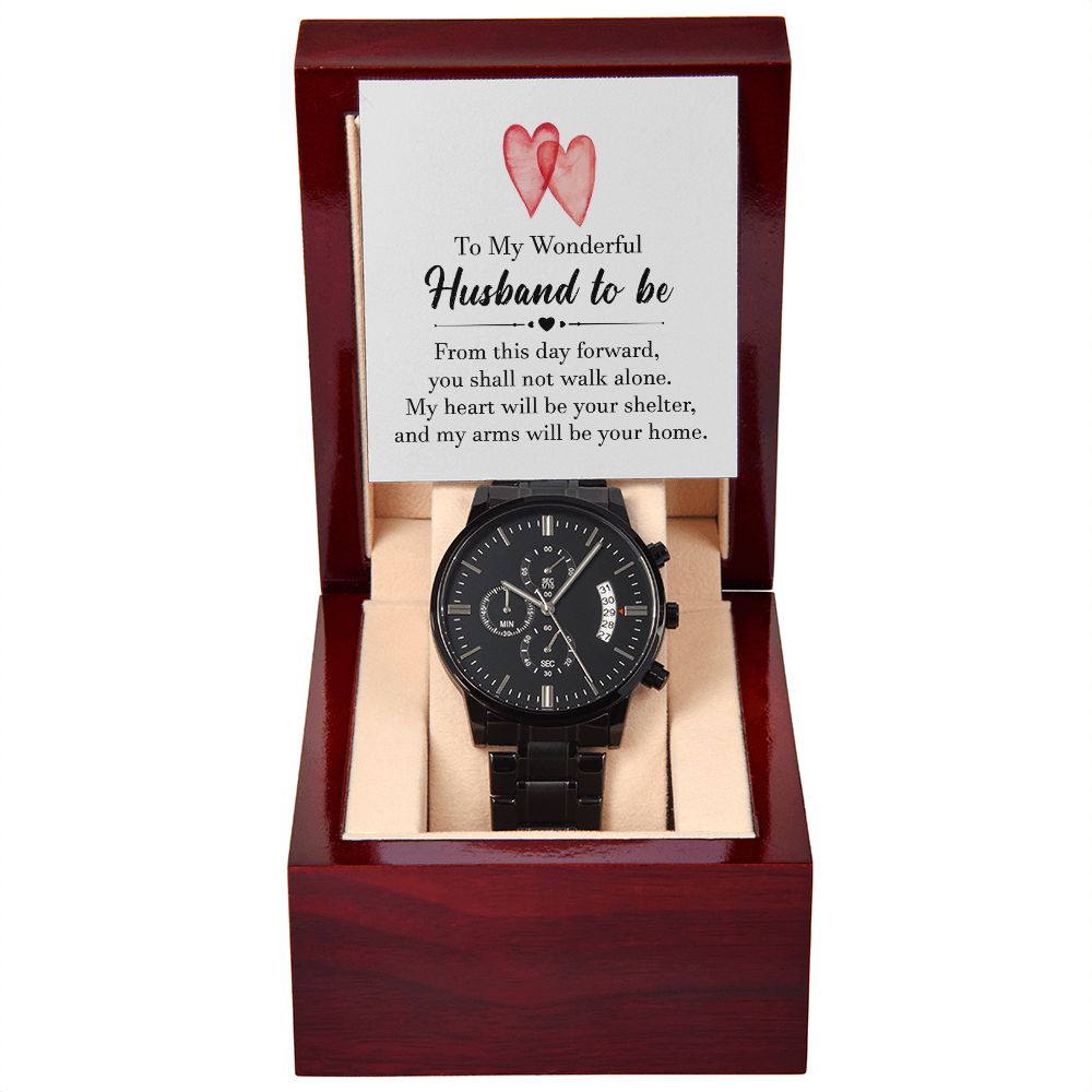 To My Husband To Be Black Chronograph Watch With Message Card in Mahogany Box-Express Your Love Gifts