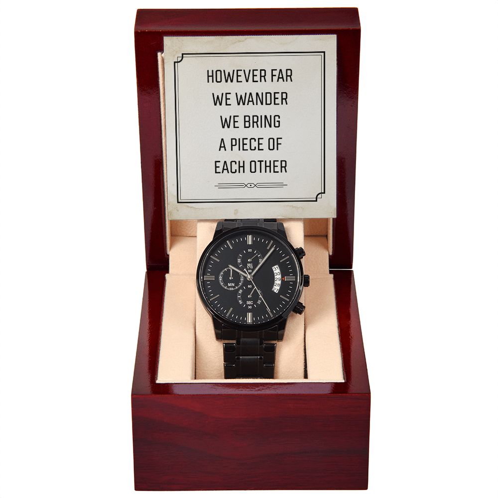 However Far We Wander Black Chronograph Watch With Message Card in Mahogany Box-Express Your Love Gifts