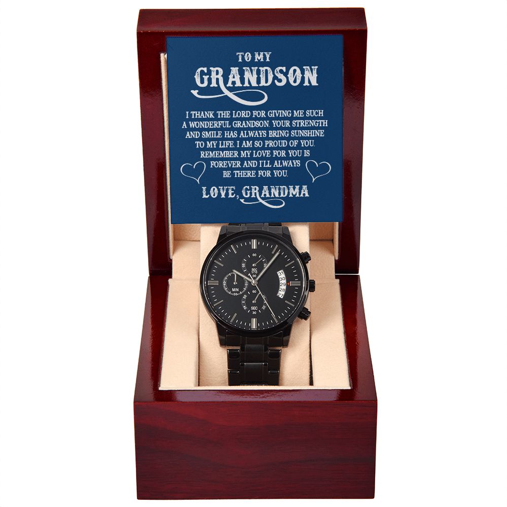 To My GrandSon I Thank The Lord For Giving Me You Black Chronograph Watch With Message Card in Mahogany Box-Express Your Love Gifts