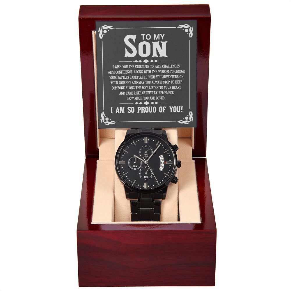 To My Son I Wish You the Strength to Face Challenges Black Chronograph Watch With Message Card in Mahogany Box-Express Your Love Gifts