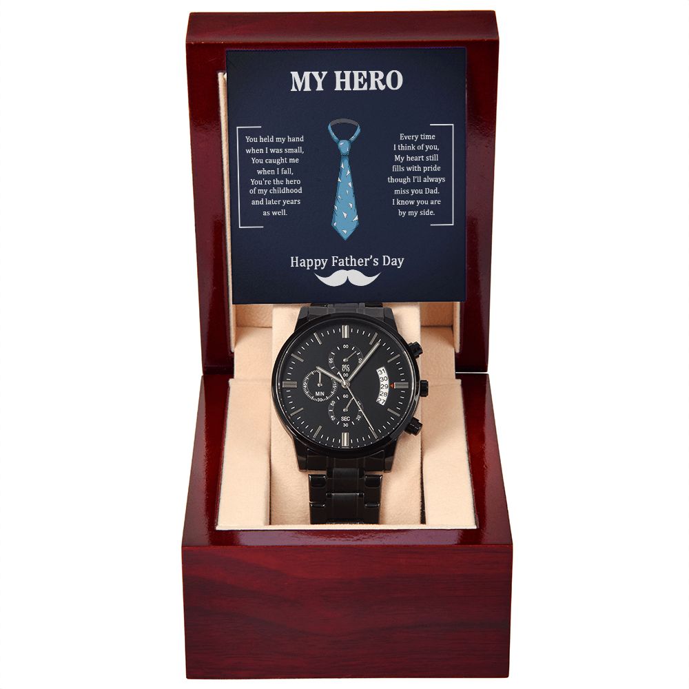 To My Dad My Hero Black Chronograph Watch With Message Card in Mahogany Box-Express Your Love Gifts