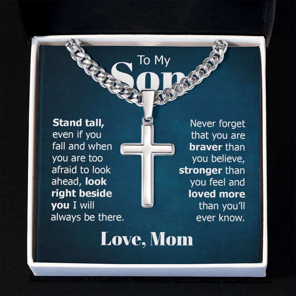 To My Son Stand Tall Even if You Fall Artisan Cross Cuban Chain Link-Express Your Love Gifts