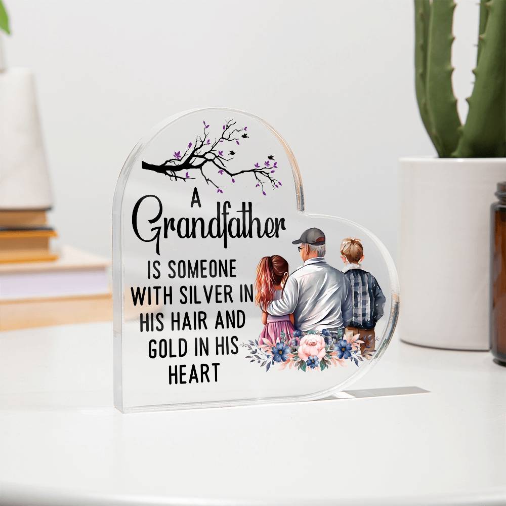 Grandfather With Silver Printed Heart Shaped Acrylic Plaque-Express Your Love Gifts