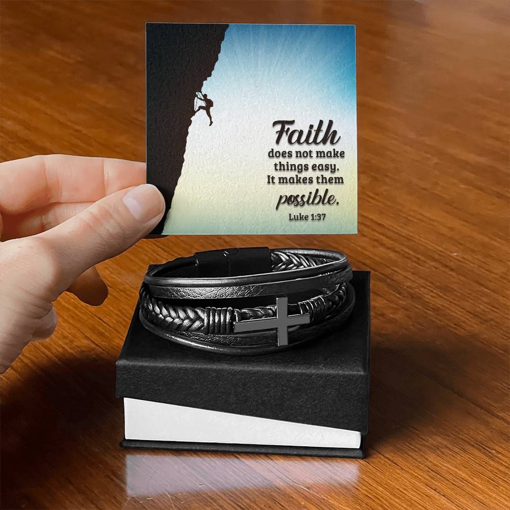 Faith Does Not Make Things Easy Men's Stainless Steel & Vegan Leather Cross Bracelet - Vegan Leather with Stainless Steel-Express Your Love Gifts