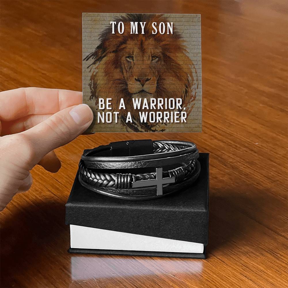 Be a Warrior Not a Worrier Men's Cross Bracelet - Vegan Leather with Stainless Steel-Express Your Love Gifts