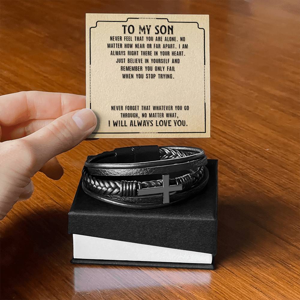 To My Son Never Feel That Men's Cross Bracelet - Vegan Leather with Stainless Steel-Express Your Love Gifts