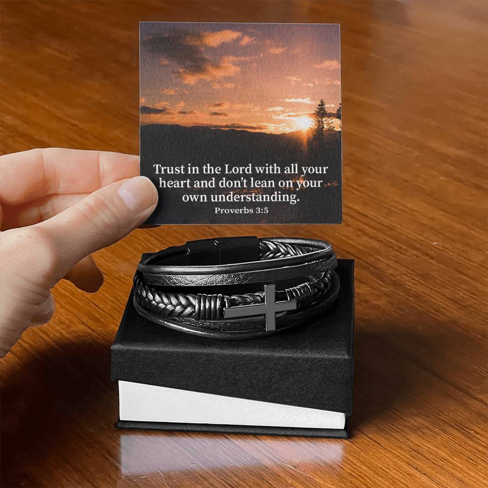 Trust in The Lord Proverbs 3:5 Sunset Men's Stainless Steel & Vegan Leather Cross Bracelet - Vegan Leather with Stainless Steel-Express Your Love Gifts