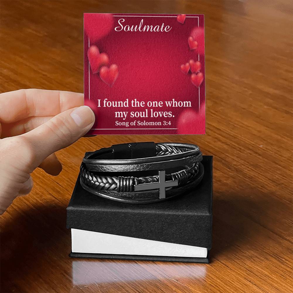 My Soul Loves Song of Solomon 3:4 Men's Stainless Steel & Vegan Leather Cross Bracelet - Vegan Leather with Stainless Steel-Express Your Love Gifts
