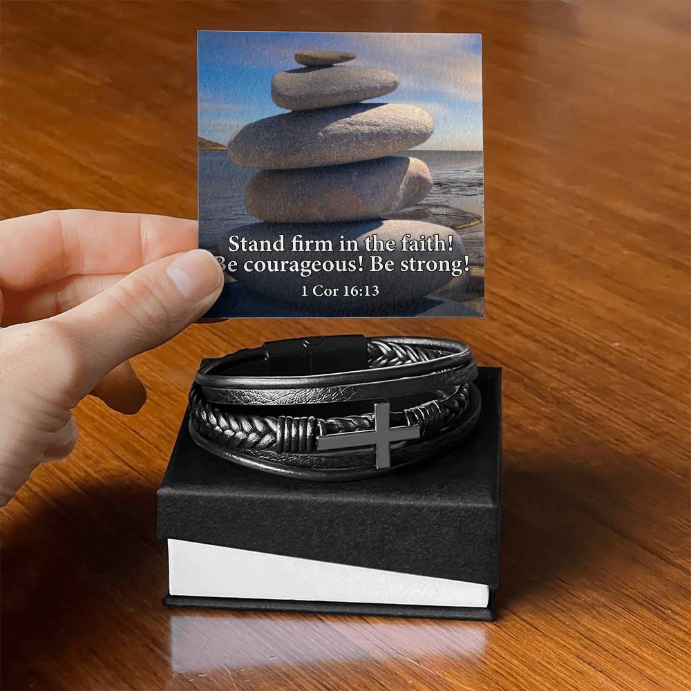 Stand Firm in Faith 1 Corinthians 16:13 Men's Stainless Steel & Vegan Leather Cross Bracelet - Vegan Leather with Stainless Steel-Express Your Love Gifts