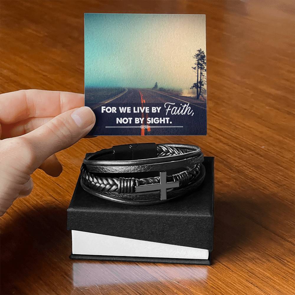 For We Live by Faith Not by Side Men's Stainless Steel & Vegan Leather Cross Bracelet - Vegan Leather with Stainless Steel-Express Your Love Gifts