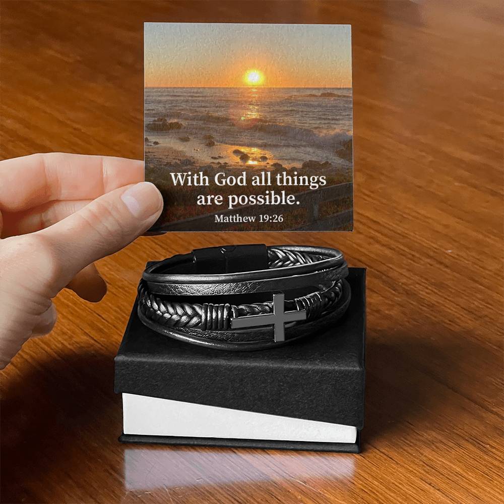 With God All Things are Possible Matthew 19:26 Men's Stainless Steel & Vegan Leather Cross Bracelet - Vegan Leather with Stainless Steel-Express Your Love Gifts