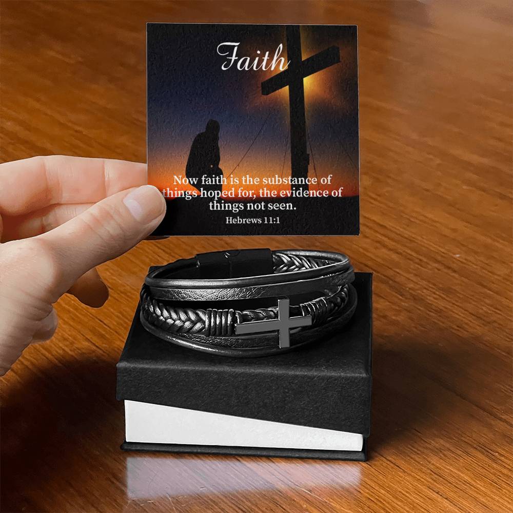 Faith Hebrews 11:1 Men's Stainless Steel & Vegan Leather Cross Bracelet - Vegan Leather with Stainless Steel-Express Your Love Gifts