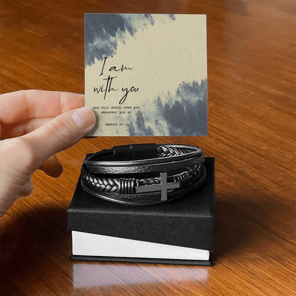 I Am With You Men's Cross Bracelet - Vegan Leather with Stainless Steel-Express Your Love Gifts