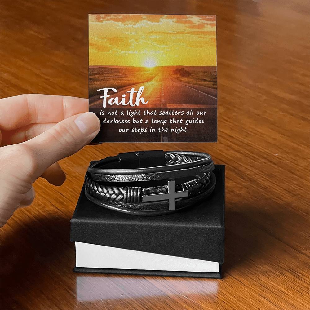 Faith is Not a Light Men's Stainless Steel & Vegan Leather Cross Bracelet - Vegan Leather with Stainless Steel-Express Your Love Gifts