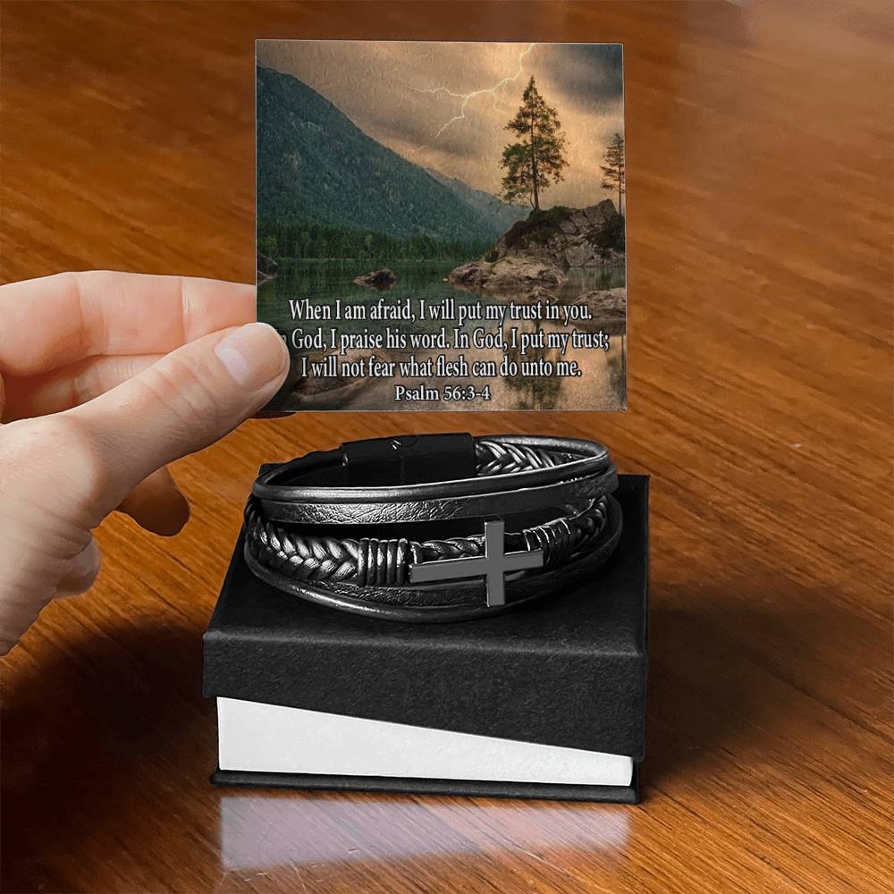 Trust in God Psalm 56:3-4 Men's Stainless Steel & Vegan Leather Cross Bracelet - Vegan Leather with Stainless Steel-Express Your Love Gifts