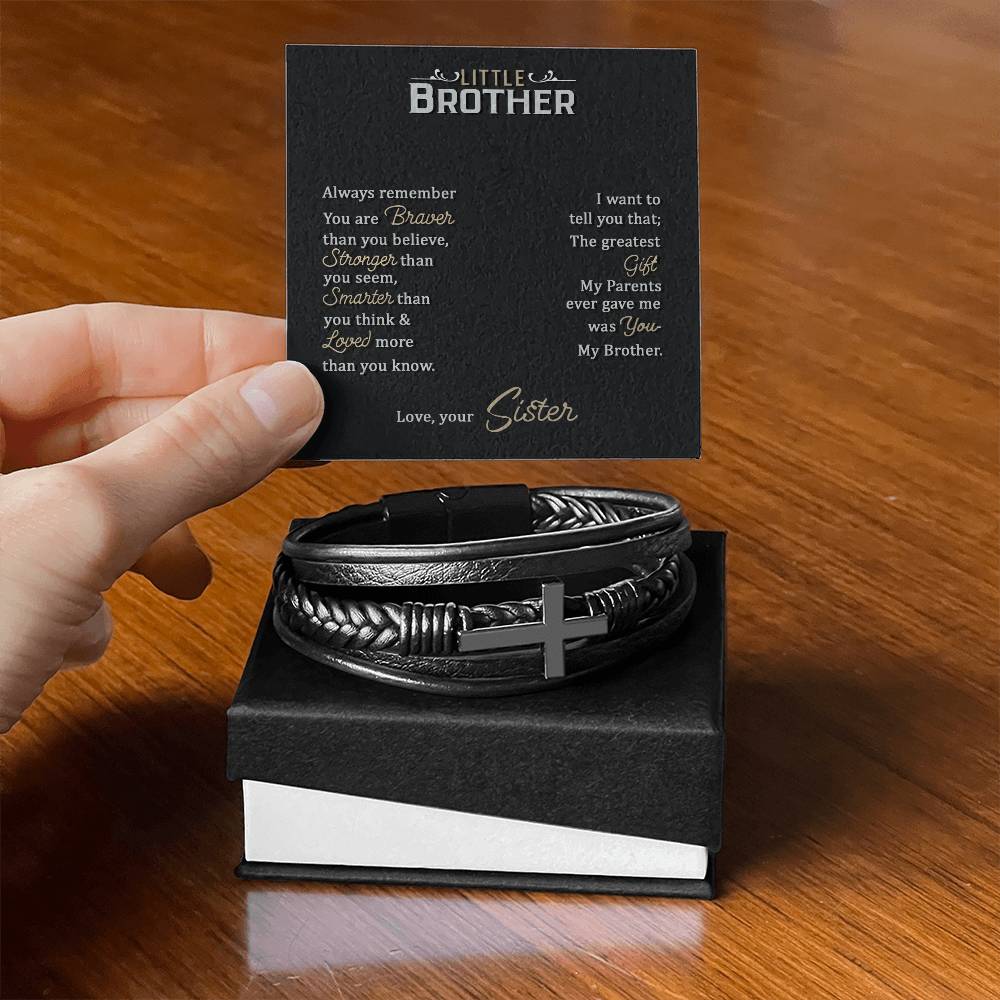 To My Little Brother Love Your Lord With All Your Strength Men's Cross Bracelet - Vegan Leather with Stainless Steel-Express Your Love Gifts