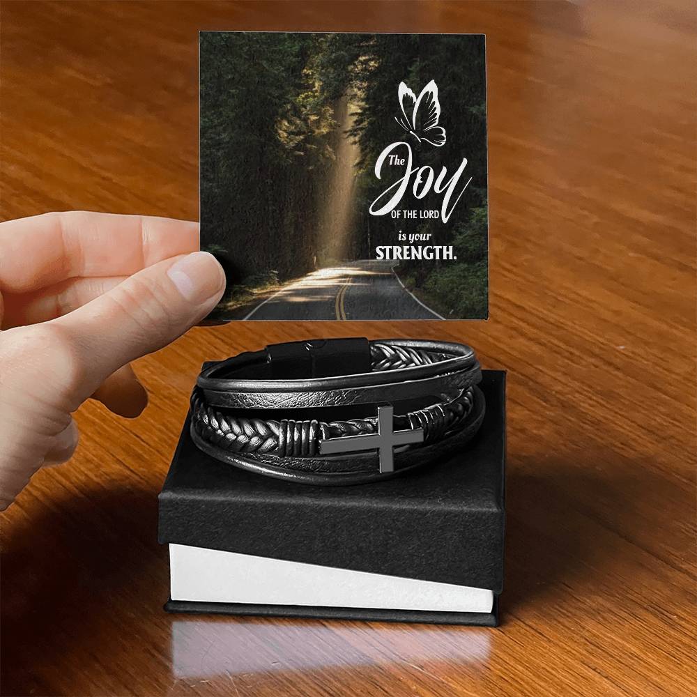 The Joy of The Lord is Your Strength Men's Stainless Steel & Vegan Leather Cross Bracelet - Vegan Leather with Stainless Steel-Express Your Love Gifts