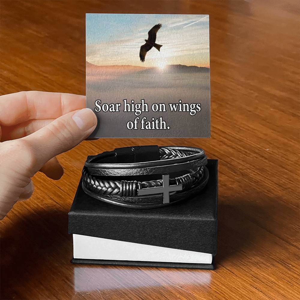 Soar High on Faith in Lord Isaiah 40:31 Men's Stainless Steel & Vegan Leather Cross Bracelet - Vegan Leather with Stainless Steel-Express Your Love Gifts
