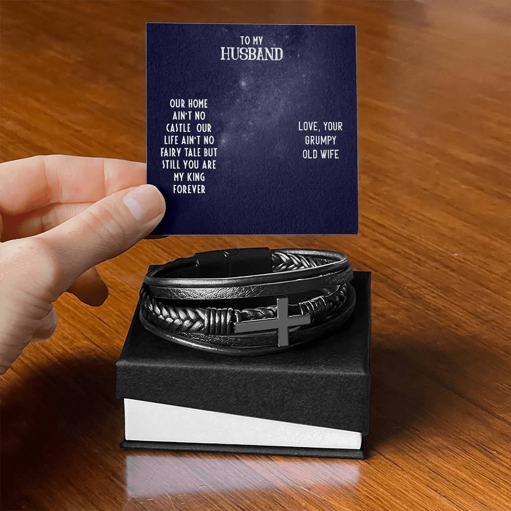To My Husband Our Home Men's Cross Bracelet - Vegan Leather with Stainless Steel-Express Your Love Gifts
