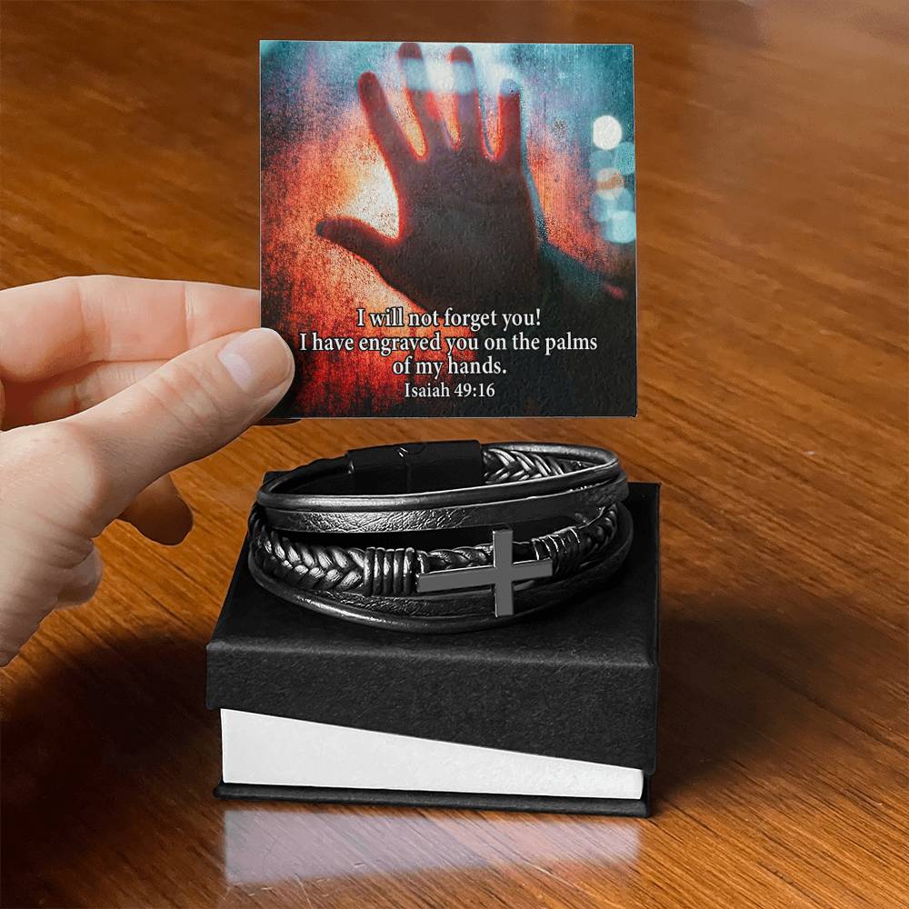 I Will Not Forget You Isaiah 49:16 Men's Stainless Steel & Vegan Leather Cross Bracelet - Vegan Leather with Stainless Steel-Express Your Love Gifts