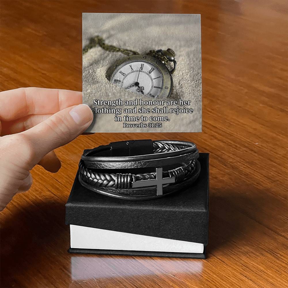 Her Strength Proverbs 31:25 Men's Stainless Steel & Vegan Leather Cross Bracelet - Vegan Leather with Stainless Steel-Express Your Love Gifts